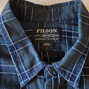 Filson Shirt Mens Lg Blue Plaid Scout Flannel Button Up Cotton Work Casual